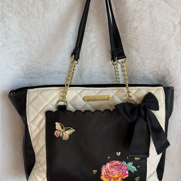 Betsey Johnson Black and White Floral Tote with Metal Embellishments